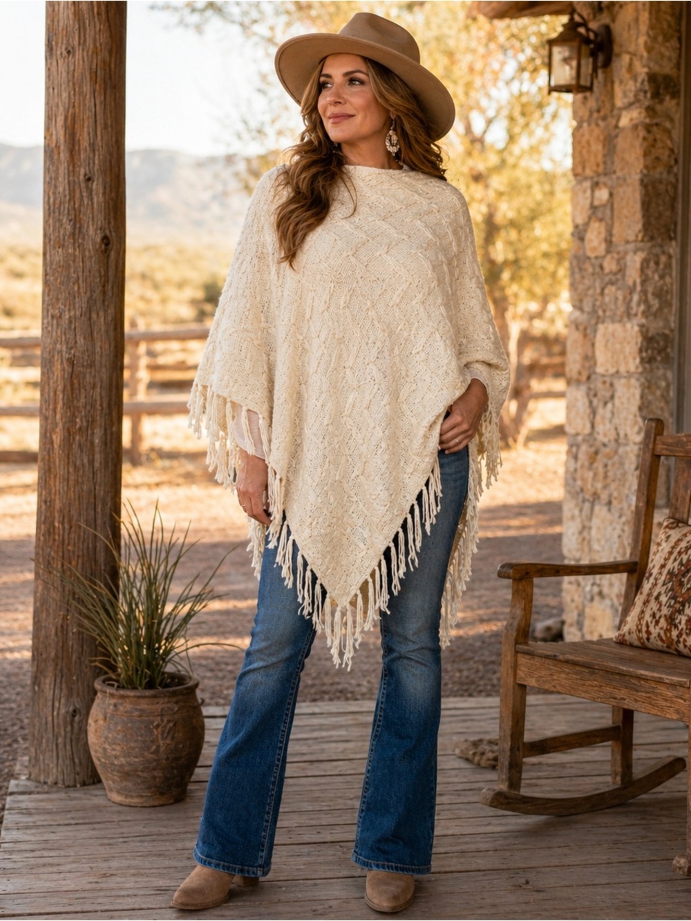 Eyeful Textured Fringe Poncho Ivory OS NWT